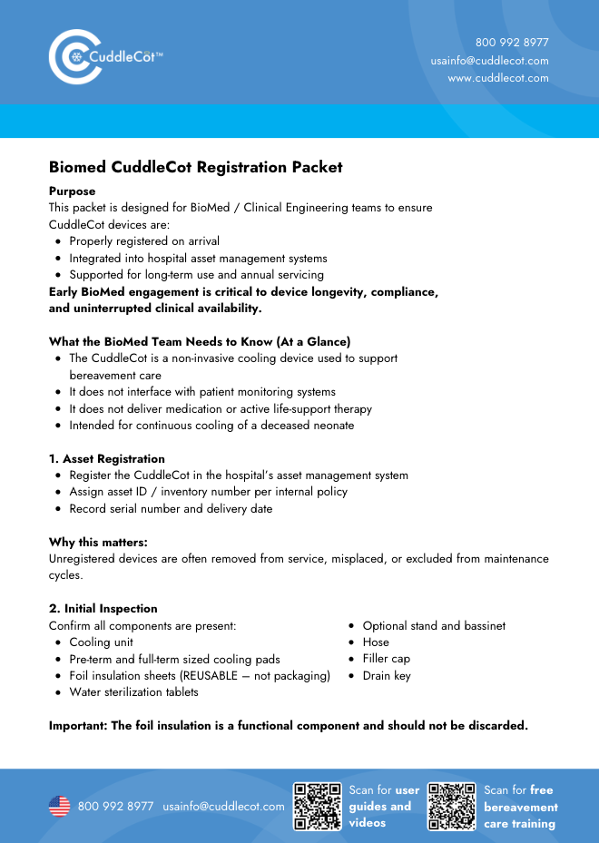 Biomed CuddleCot registration packet