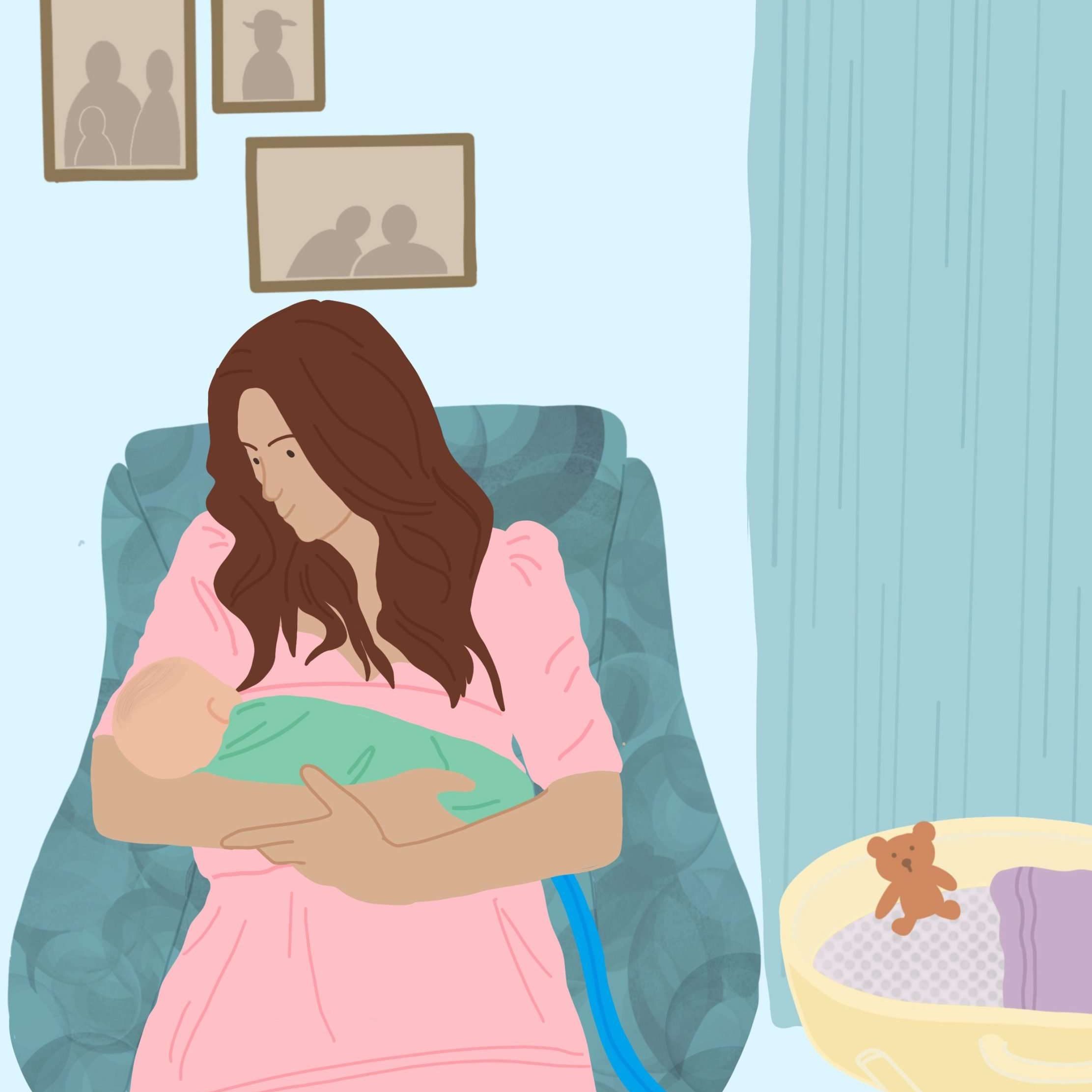 Mom holding baby using cudlecot pads